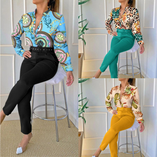 Print Blouse And Long Pant 2 Piece Suit