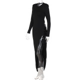 Sexy Black Round Neck Backless Lace Up Slit Long Sleeve Evening Dress