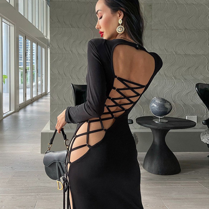 Sexy Black Round Neck Backless Lace Up Slit Long Sleeve Evening Dress