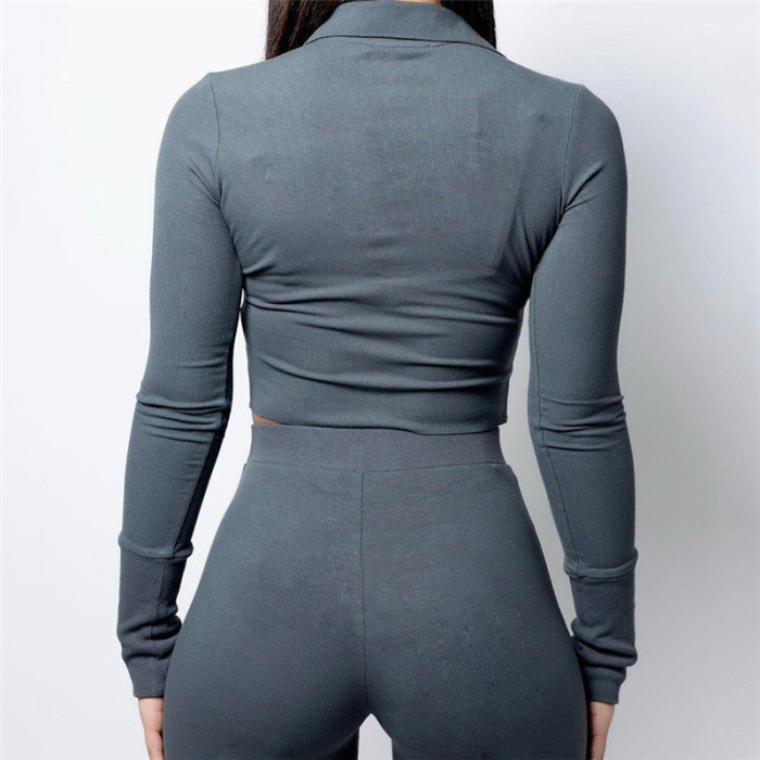 Women Sexy Ribbed Long Sleeve Long Sleeve Top+Pant Two Piece