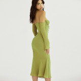 Tie Halter Neck Chiffon Long Sleeve Strap Dress Midi Dress