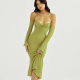 Tie Halter Neck Chiffon Long Sleeve Strap Dress Midi Dress