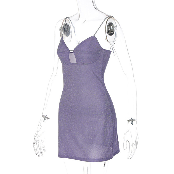 Women Bright  Sleeveless Backless Spaghetti Strap Halter Mini Dress