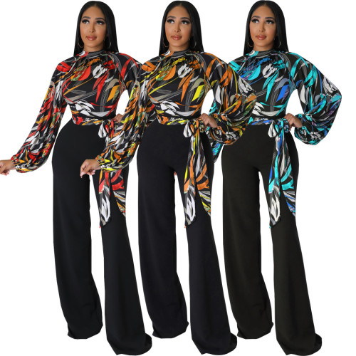 Women's print Top and black Pants Suit