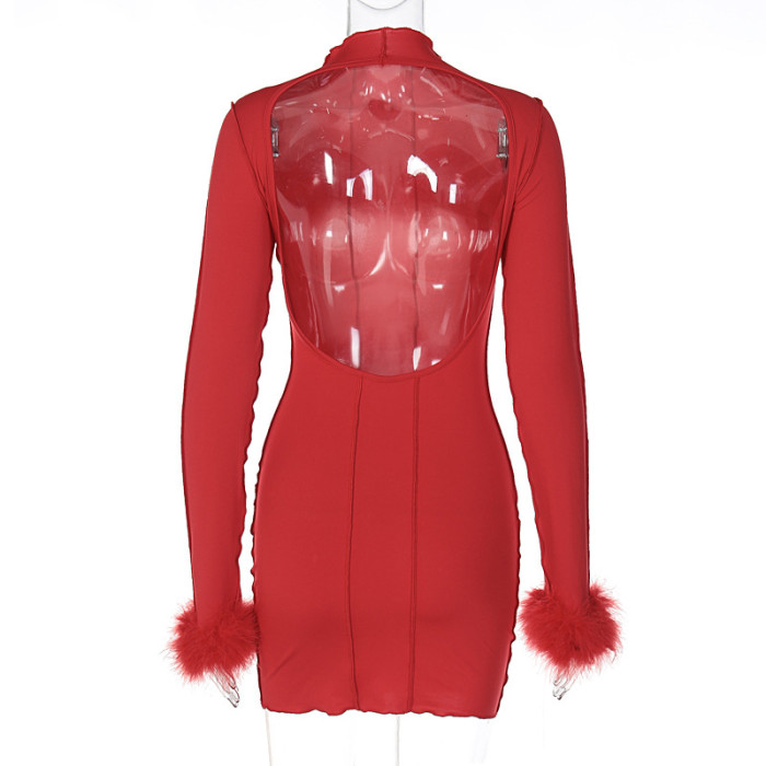 Solid Stand Collar Cutout Low Back Club Style Patchwork Furry Long Sleeve Dress