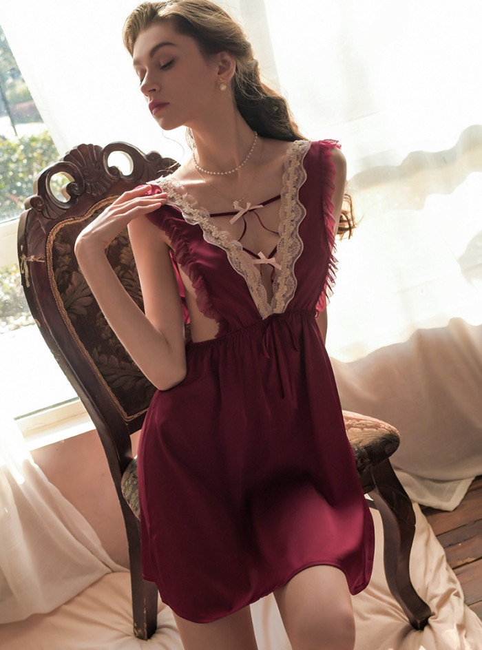 Lace Nightdress Ruffled Princess Style Strap Dress