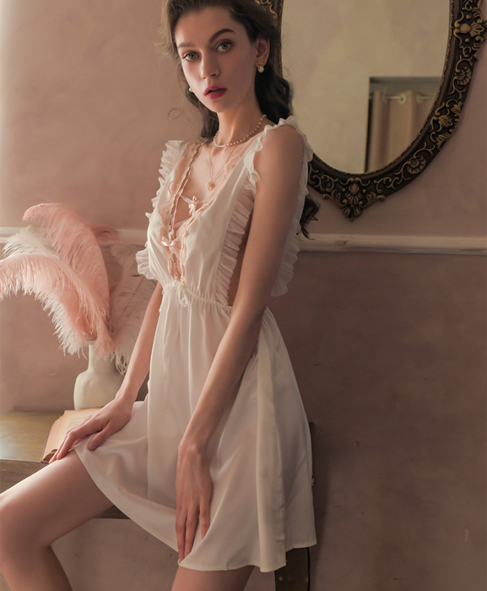 Lace Nightdress Ruffled Princess Style Strap Dress