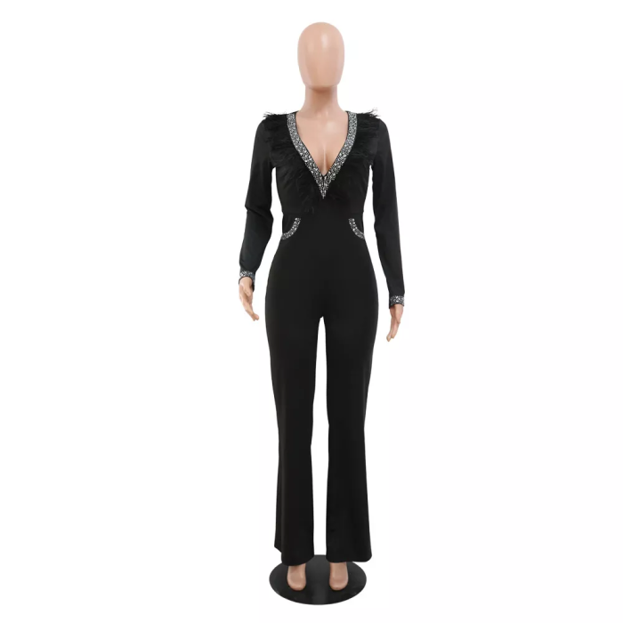 Beaded Feather Neck Sexy Women Jumpsuit