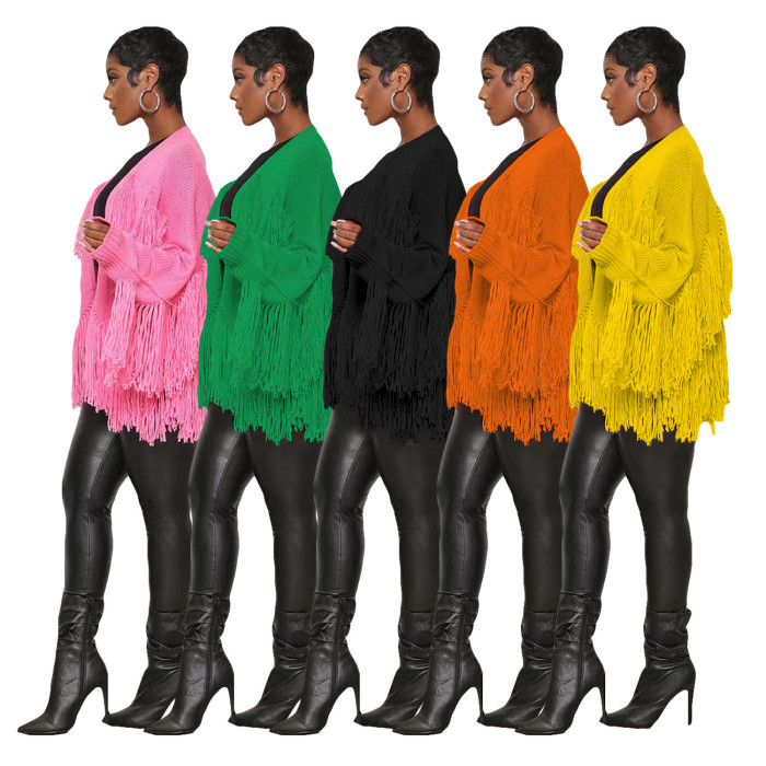 Women Solid Color Knitting Fringe Jacket