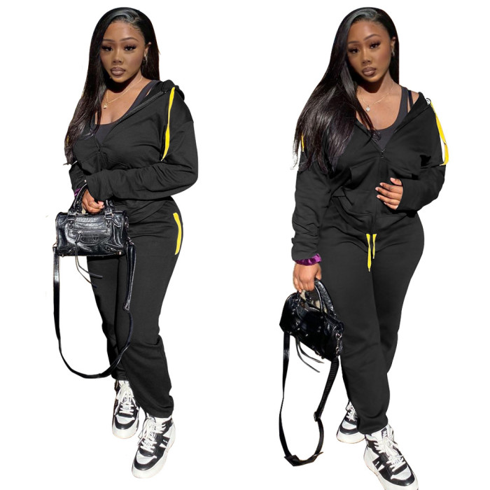 Solid Color Zipper Sports Hoodie Jogging Fashion Two Piece Outfits 