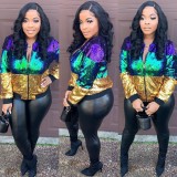 Women's Color Contrast Sequin Zipper Jacket