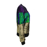 Women's Color Contrast Sequin Zipper Jacket