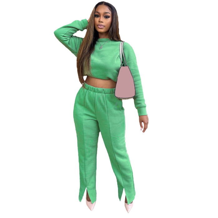Women Casual Sports Long Sleeve Top And Slit Pant Two Piece