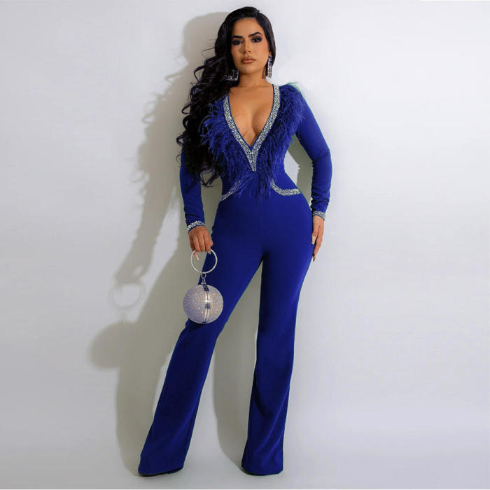 Beaded Feather Neck Sexy Women Jumpsuit
