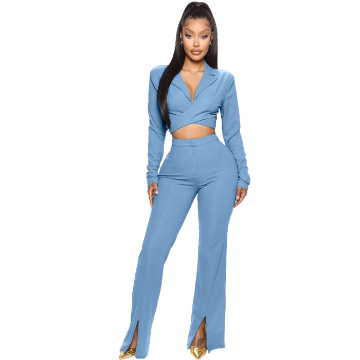 Women Cross Lace-Up Long Sleeve Crop Top+ Slit Pants Two Piece Suits