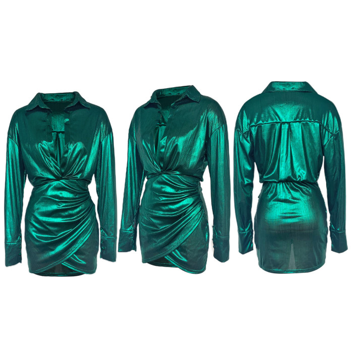 Women's Shiny Pleated V-Neck Tunic Dress
