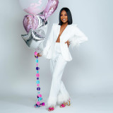 Satin 2 Piece Pant Set With Feather