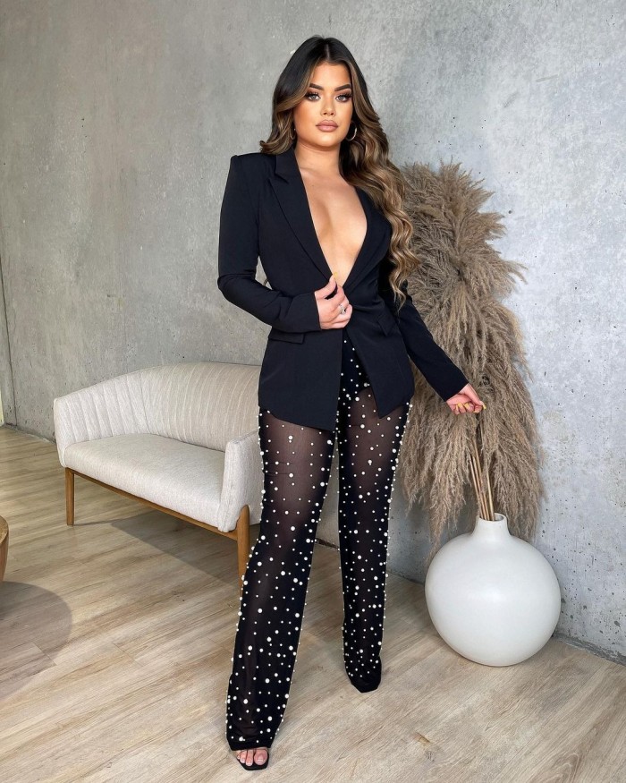 Women'S Long Sleeve Blazer Beads Mesh Straight Pants Two Piece Suits
