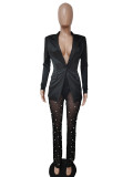 Women'S Long Sleeve Blazer Beads Mesh Straight Pants Two Piece Suits