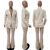 Women'S Long Sleeve Blazer Beads Mesh Straight Pants Two Piece Suits