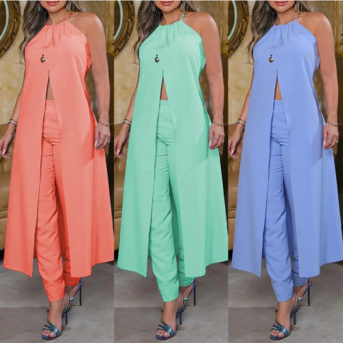 Solid Color Sleeveless Front Split Mid Length Dress Casual Trousers Suit