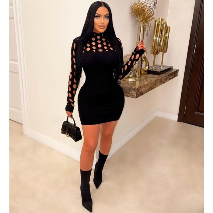 Sexy Knitted Hollow Out Long Sleeve Wool Mini Dress