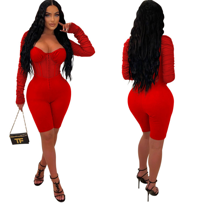 Women Solid Color Long Sleeve mesh See-Through Romper