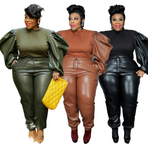 Plus Size Pu Leather 2 Piece Pant Set