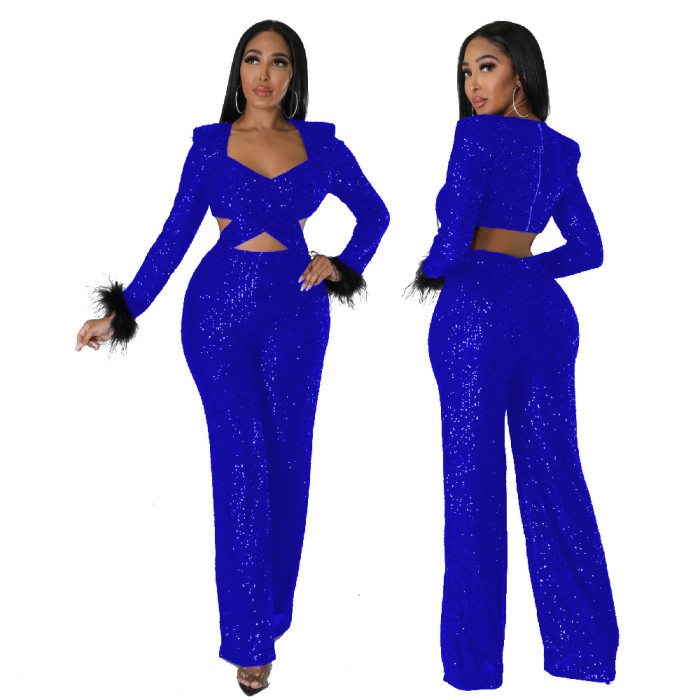Long Sequined Feather Hollow-out Slim Long-sleeved Party Jumpsuit