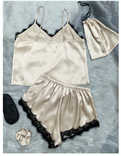 Satin With Lace Vest And Shorts Pajama Lingerie Set