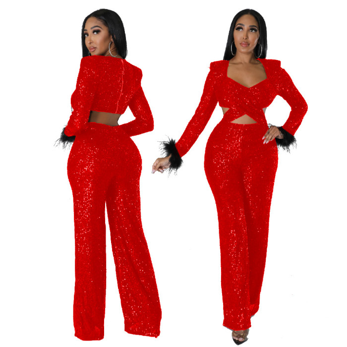 Long Sequined Feather Hollow-out Slim Long-sleeved Party Jumpsuit