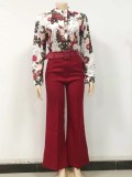 Women Spring Commuting Suit Printed Stand-up Collar Long-sleeved Blouse and Wide-leg Pants Two-piece Set