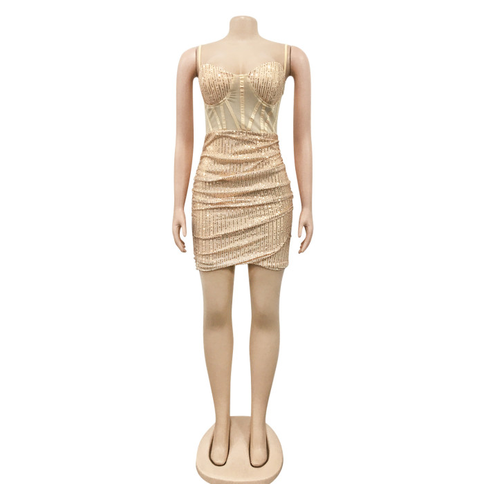 Formal Sequin Strap Wrap Mini Club Dress