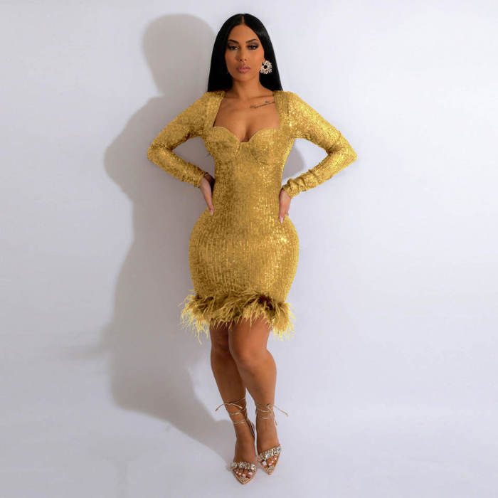 Long Sleeve Sequin Party Dress With Feather
