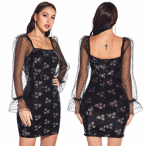 Mesh Sleeve Sexy Sequin Party Dress