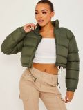 Women Autumn And Winter Long Sleeved Zipper Drawstring Waist Stand Up Collar Solid Color Bread Coat Cotton Coat