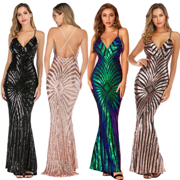 Open Back Sexy Sequin Evening Prom Dress