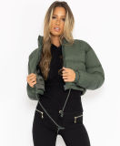 Women Autumn And Winter Long Sleeved Zipper Drawstring Waist Stand Up Collar Solid Color Bread Coat Cotton Coat