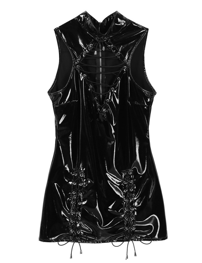 Black Patent Leather Hollow Cord Lingerie