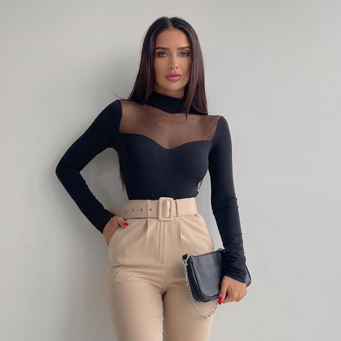 Mesh Splice Long Sleeve Versatile Slim Top