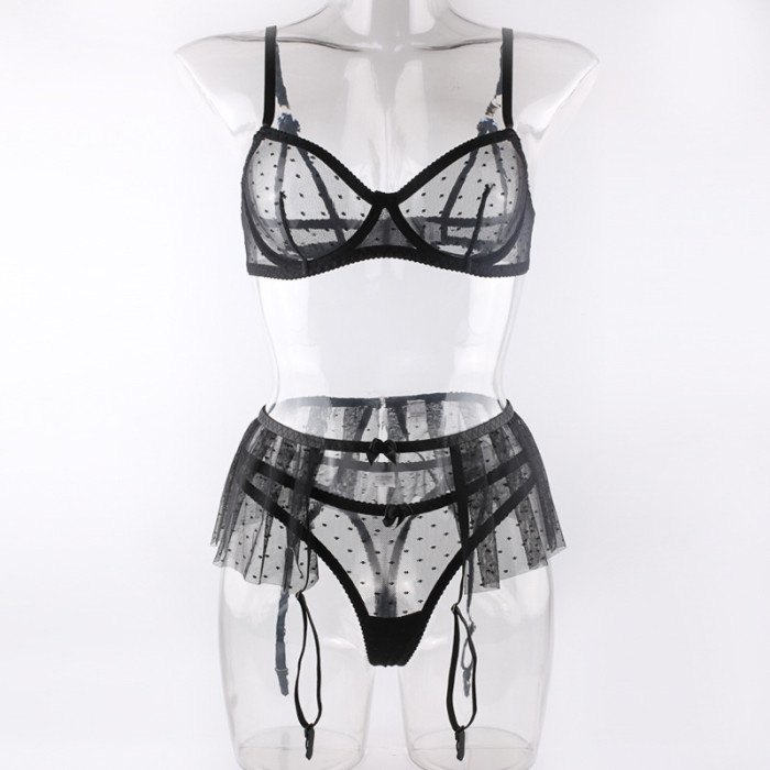 Mesh Sexy Bra And Panty 3 Piece Lingerie Set