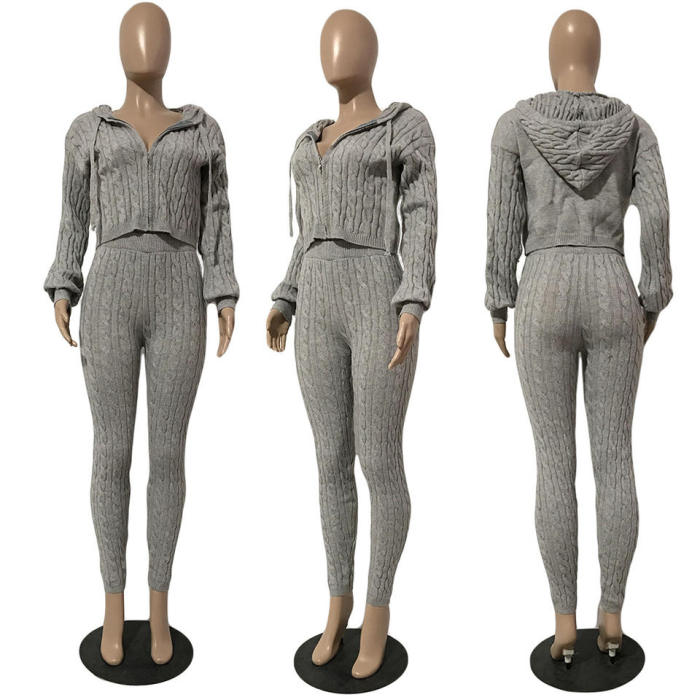 Zipper Sweatshirt And Pant 2 Piece Knit Sweater OUtfit
