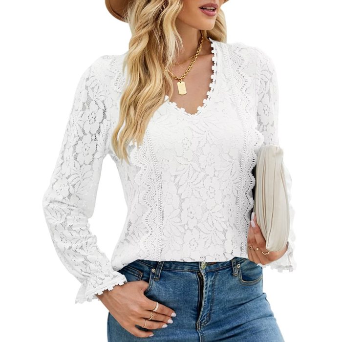 Solid Hollow Lace Sexy Long Sleeve Lace Top