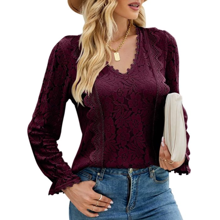 Solid Hollow Lace Sexy Long Sleeve Lace Top