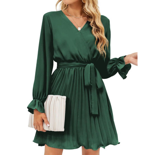 V Neck Casual Pleated Long Sleeve Mini Dress