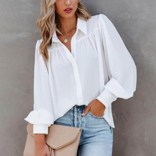 Lantern Long Sleeve Chiffon Pleated Loose Shirt