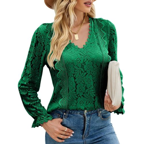 Solid Hollow Lace Sexy Long Sleeve Lace Top