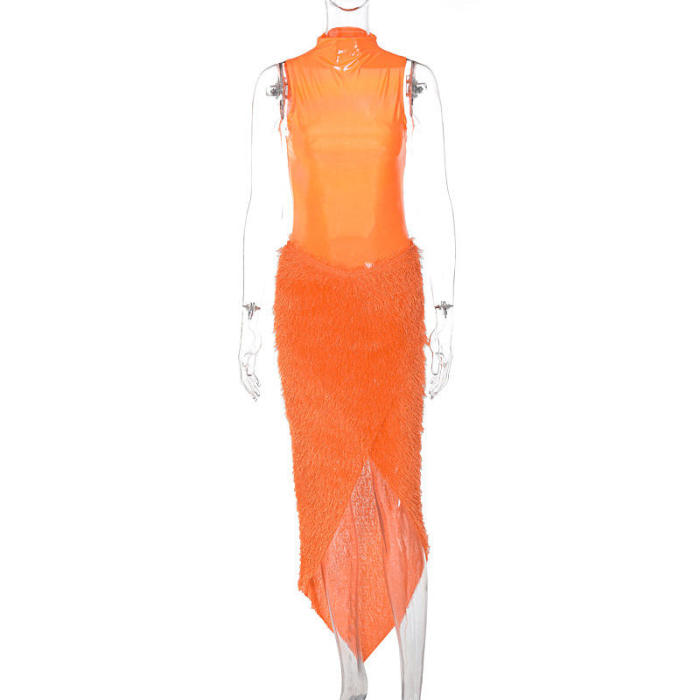 Orange Color Bodysuit + Feather High Split Skirt