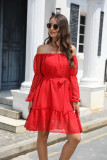 Women's Off Shoulder Gauze Dress, Elastic Collar Long Sleeve With Lining and Waist