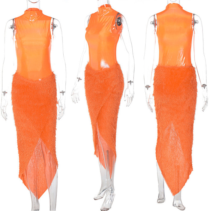 Orange Color Bodysuit + Feather High Split Skirt